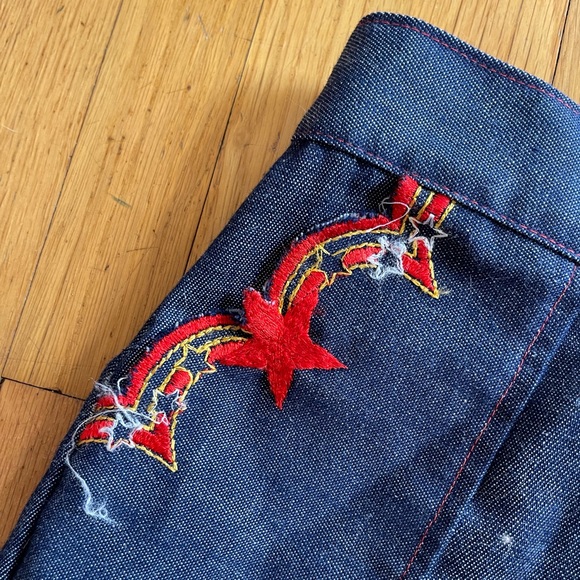 60s Vintage Denim Kick Flares with Star Heart Patched Pockets - Picture 5 of 12